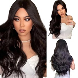 Billowig Long Black Wig for Women 28 inch Long Wavy Wigs Middle Part Heat Resistant Synthetic Hair Long Curly Wig Daily Party Use Wigs