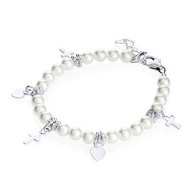 Sterling Silver Baby Girl Charm Bracelet - with European Simulated Pearls and Silver Cross and Heart Charms - Best Baptism and Christening Gift for Girls
