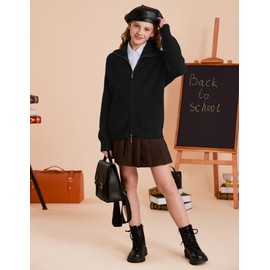 GRACE KARIN Girls' Knitted Long-Sleeved Cardigan with Zipper Lapel Collar Cardigan Black 10 Years