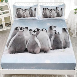 Smell Sunshine Penguin Sheets Set 4Pcs for Kids,Penguin Printed Sheet Set with 1 Flat Sheet and 1 Fitted Sheet + 2 Pillowcases(Penguins Full)