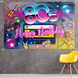 80s Birthday Backdrop Banner Decor Colorful - Back to 80's Happy Party Theme Decorations for Men Women Supplies, 3.9 x 5.9 ft