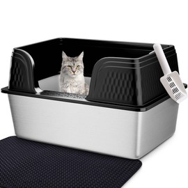 Vealind XL Stainless Steel Cat Litter Box High Sided with Lid 23.7" L x 16" W x 12" H Anti Leakage Extra Large Metal Cat Litter Tray with Scoop and Mat for Big Cats (Black)