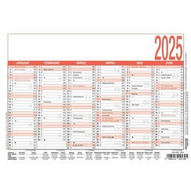Zettler - Working Day Calendar 2025 White/Red, 21 x 14.8 cm, Poster Calendar with Monthly Overview, 6 Months on 1 Page, Holiday Dates, Work Days, Day and Week Counting and German Calendar