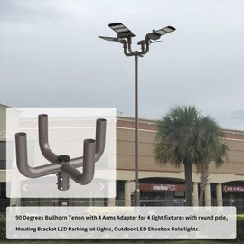 90 Degrees Bullhorn Tenon with 4 Arms Adapter 4 Light fixtures with 2 3/8inch Round Pole, Slip Fitter, Brown Color, Mouting Bracket LED Parking lot Lights, Outdoor LED Shoebox Pole Lights in 1Pack.