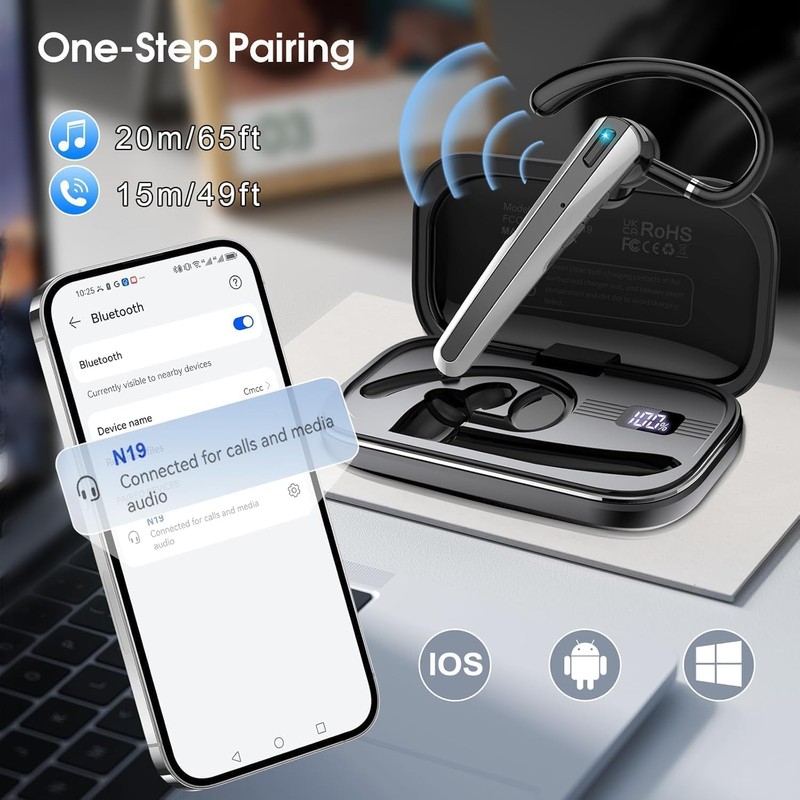 Bluetooth Headset V5.3, Handsfree Bluetooth Earpiece with Dual ENC Mic,Single