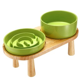 MOPANG Ceramic Slow Feeder Dog Bowl and Water Bowl Set for Small Breed, Ceramic Dog Bowls Elevated with Wooden Stand, 0.6 Cups Dog Slow Feeder(14oz) and 30oz Water Bowl Set, Green