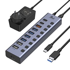 Powered USB 3.1Hub, 10-Port USB Data Hub Splitter with 3 USB 3.1(10Gbps), 4 USB 3.0, 3 Charging Ports, Individual ON/Off Switches and 12V/5A DC Power Adapter, USB C Hub for Laptops and Computer