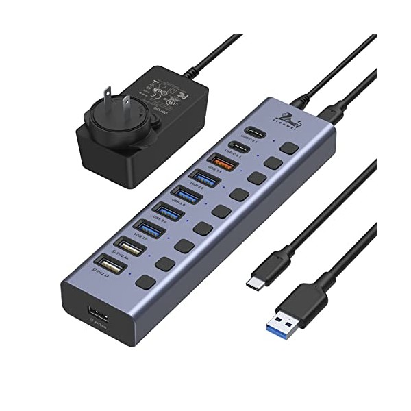 Powered USB 3.1Hub, 10-Port USB Data Hub Splitter with 3