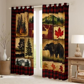 Bear Cabin Plaid 100% Blackout Curtains,Rustic Farmhouse Curtains,Retro Hunting Deer Window Treatments,Country Woodland Pine Tree Curtains Drapes,Maple Leaf Darkening Curtains,Red Black Brown 52"X84"