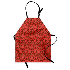 Lunarable Floral Apron, Art Pattern of Hand-drawn Floral Elements in Abstract Style, Unisex Kitchen Bib Apron with Adjustable Neck for Cooking Baking Gardening, Dark Coral Green and Pale Orange