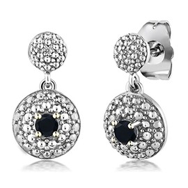 Gem Stone King Black Onyx and White Diamond Dangle Earrings For Women (0.21 Cttw, Gemstone December Birthstone, Round 3MM)