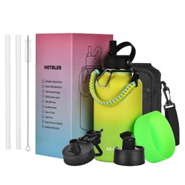 HOTBLER 64oz Water Bottle with Paracord Handle &Carrier Bag &Silicone Boot,Straw Spout Flip Lids,Half Gallon Double Wall Vacuum Stainless Steel Insulated Jug with Sleeve,Leakproof Keep Cold & Hot