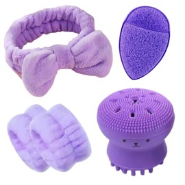 Elastic Headband for Makeup, Pink, Fuchsia and Lilac Design (Headband and Wristbands Lilac + Sponge + Facial Cleansing Brush, Large)