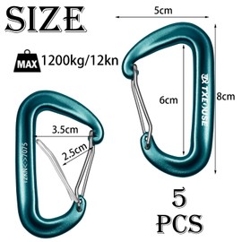 Heavy Duty Aluminium Carabiner 5 Pieces Key Ring Carabiner Hook 12 KN (1200 kg) Aluminium Large Outdoor Carabiner Choice of 5 Colours Ideal for Everyday and Outdoor Use (Green)