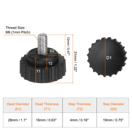 HARFINGTON 6pcs Knurled Clamping Knobs Thumb Screws M6 x 12mm Metric Male Thread 28mm Matte Plastic Head 304 Stainless Steel Stud Hand Threaded Knob Thumbscrew Handle, Black