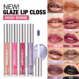 LANGMANNI 2 Colors Diamond Glitter Lip Gloss Set,Long Lasting High Shine Shimmer Liquid Lipstick Set,Hydrating,Moisturizing Lip Gloss Kit Gift Makeup For Girls(#01+02)