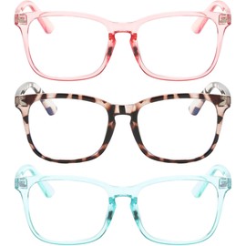 OWL 3 Pack Blue Light Blocking Glasses, Unisex Square Adult Screen Time Fake Eyeglasses, Womens Mens Computer and Gaming Specs with Microfiber Pouches (Pink, Leopard, Blue)