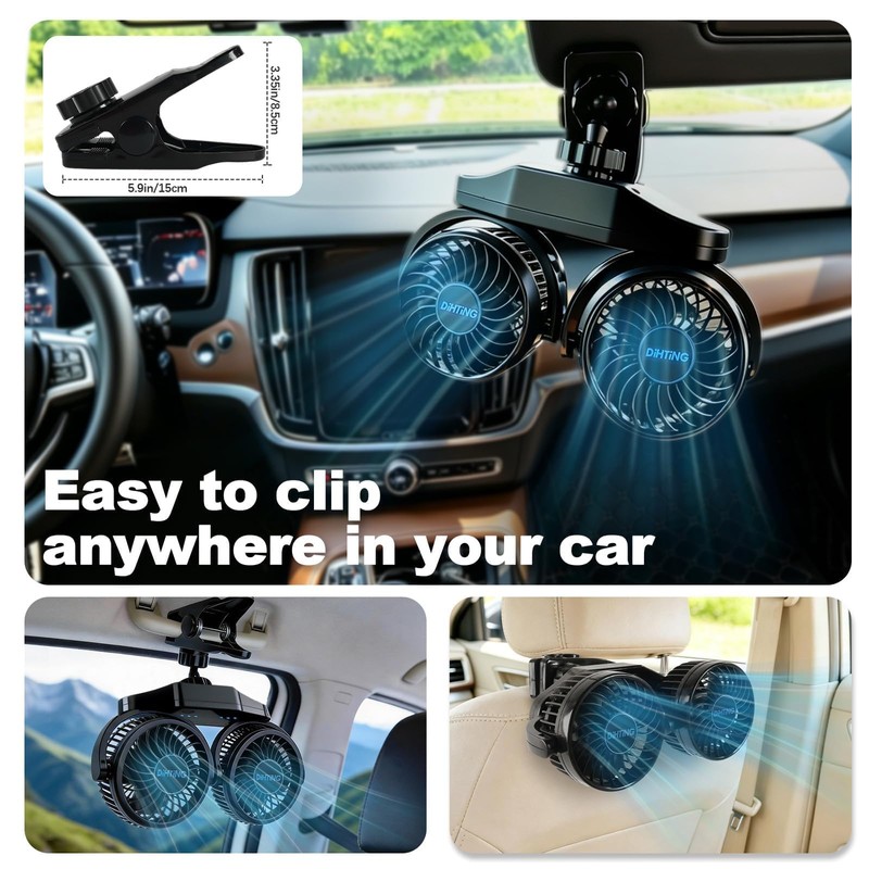 6000mAh Rechargeable Dual Car Fan for Backseat, 3-Speed Separate Controlled