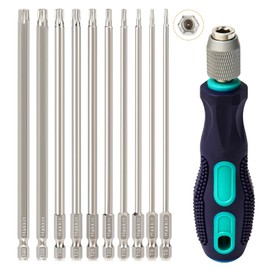 Hakkin 10 Pieces T8-T40 150 mm Torx Bit Set Long with Hole 1/4 Inch Torx Screwdriver Bit Set for Impact Wrench S2 T15 T20 T25 Star Screwdriver with Handle Magnetic Bit Set for Cordless Screwdrivers