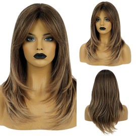 HAIRCUBE Long Hair Wigs for Women Ombre Brown Synthetic Curly Hair Wig Middle Parting