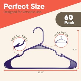 Purple Plastic Hangers 60 Pack– Heavy-Duty Plastic Hangers Slim and Space-Saving Hangers, Durable and Lightweight Hangers with Non-Slip Shoulder Notches for Slip Dresses, Suits, Jackets & Camisoles