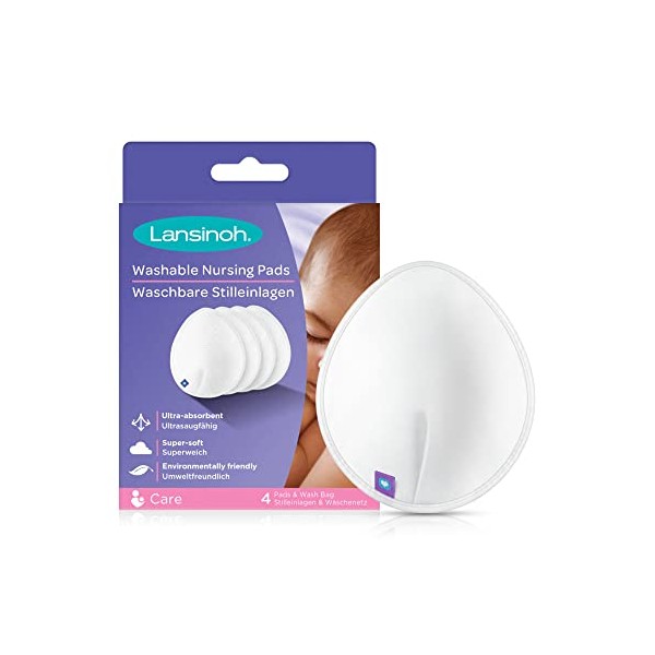 Lansinoh Washable Nursing Pads | Teardrop contoured Bamboo viscose pad | Reusable breast pads for every day and night use for Breastfeeding Mums,Pack of 4