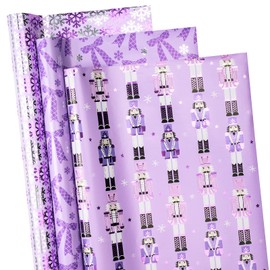 RUSPEPA Purple Christmas Wrapping Paper Set, Mini Roll, Gold Foil Nutcracker Soldier, Snowflake and Bow Design Gift Wrap Paper Perfect for Holiday Gifts, 3 Rolls, 17 inches x 10 feet per Roll