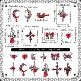 SUNNYCLUE 1 Box 24Pcs 12 Styles Gothic Heart Charms Red Goth Charms Alloy Rhinestone Crystal Retro Cross Bow Star Rose Dangle Pendants Findings for Jewellery Making Bracelet Necklace Earring DIY