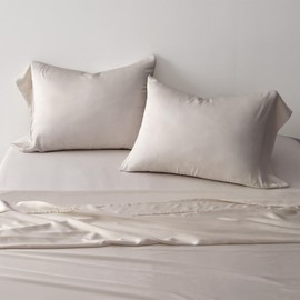 EVERGRACEHOME Cotton Tencel Cooling Sheets Set Queen Size for Hot Sleepers, Luxe Silky Soft Organic Eucalyptus Lyocell Bedding 4-Piece Set, 1 Flat & 1 Deep Pocket Fitted Sheet, 2 Shams, Beige Sand