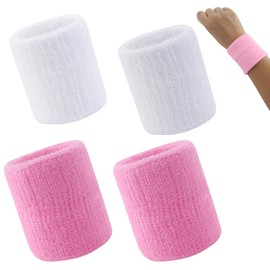 Absorbent Sweatband Wrist Sweatbands for Women, Men, Children, Set of 4, Fitness Arm Sweatband for Tennis, Handball & Running, Sweatbands Wristband, Pink and White