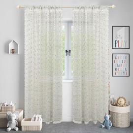 Faux Linen Colorful Pom Pom Sheer Curtains for Kids Room Embroidered Light Filtering Voile Drapes Rod Pocket Window Curtain Vintage Window Treatment 2 Panels (White, W42 X L84 Inch)