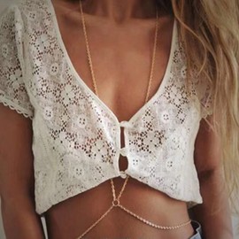 Aneneiceera Boho Bra Body Chain Simple Bikini Shiny Circle Chain Summer Beach Gold Belly Body Chains Harness Necklace Fashion Jewellery Night Club Body Accessory for Women and Girls