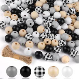 FEPITO 150 Pcs Plaid Wood Beads 16mm Buffalo Craft Wood Beads Natural Farmhouse Wood Spacer Beads for DIY Craft Supplies and Decoration Home Decor