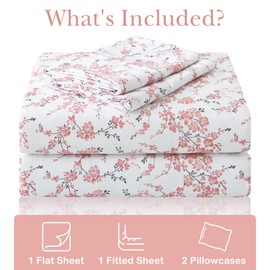 Mooreeke Cozy Vintage Microfiber Printed King Sheet Set - Soft Breathable Percale Cotton Floral Bed Sheets with Deep Pocket - Non-Slip Fitted Design - Orange Red Small Flowers Pattern