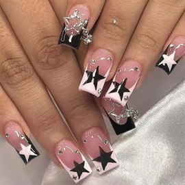 Square Press on Nails Medium False Nails French Tip Fake Nails with Black Designs Stick on Nails Pink Glue on Nails Cute Glossy Artificial Nails for Wmoen 24PCS