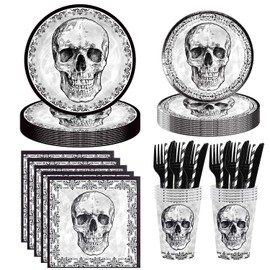 140Pcs Black Skull Birthday Party Decorations for 20 Guests - Disposable Tableware Skull Party Supplies Plates and Napkins Forks Cups Straws Baby Shower Birthday Decorations