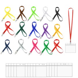 Lanyard with Card Holder, 15Pcs Lanyard with 15Pcs Card Holder, Clear Waterproof ID Card Holders Name Tag Badge Card Holders with Neck Lanyard, for Work Badges ID Cards Key Rings