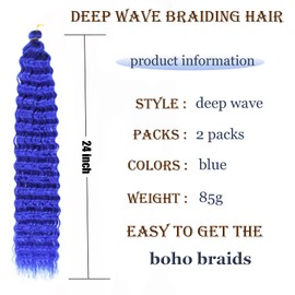 Ocean Wave Crochet Hair 24 Inch 2 Packs Deep Wave Curly Braiding Hair Extensions Synthetic Curly Crochet Hair For Black Women(24inch, 2pack, blue)