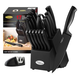 Marco Almond® Kitchen Knife Set with Block and Sharpener MA23, 17 Pieces Knife Block Set Stainless Steel Chef Black Knives Set for Kitchen
