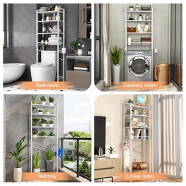 Kalrin Over-The-Toilet Storage Rack, 4-Tier Bathroom Organizer Shelf Over Toilet with Adjustable Shelf and Basket, Freestanding Space Saver Bathroom Shelves Above Toilet for Room (Pure White)