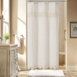 Gibelle Small Stall Boho Farmhouse Shower Curtain, Linen Cotton Fabric Shower Curtain with Macrame Lace Decor, Modern Bohemian French Country Chic Shower Curtain Set with PEVA Liner 36x72, Beige/Cream