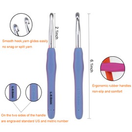 KOKNIT Crochet Hooks with Case, Comfort Rubber Soft Handles Extra Long Knitting Hook Needles Easy to Hold Hooks 9pcs Size 4.5mm(7)-10mm(N) with Accessories