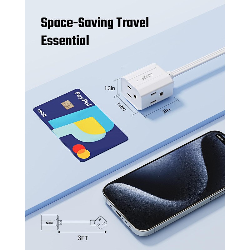 Extension Cord 3ft SUPERDANNY Mini Power Strip Ultra Right Angled