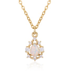 White Opal Necklace for Women 8mm Teardrop Opal Gem Pendant Necklace Fire Opal Necklace Stainless Steel with 14k Gold Plated Opal October Birthstone Necklace for Women Opal Jewelry Gift for Women