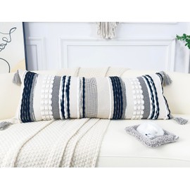 NUYECY Chenille and Cotton Long Pillow for Bed, Striped Textured Boho Lumbar Throw Pillow Cover 16x36, Neutral Accent Decorative Extra Long Body Pillow Case for Couch, Sofa, Bedroom, Black and White