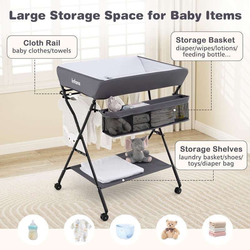 INFANS Baby Changing Table with Wheels, Portable Folding Diaper Station