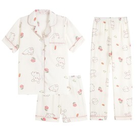 Hupohoi Big Girls Button Down Pajama Set 3pcs Short Sleeve Long Pants with Shorts Crepe Wrinkled Fabric Sleepwear Cute Patterns Nighty, Rabbit, 10