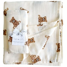 Ali+Oli Muslin Swaddle Blanket for Baby (Teddy Bear) Large 47" x 47" Soft Rayon Made from Bamboo & Organic Cotton, Machine Washable Receiving Blanket Wrap for Newborn to Toddler