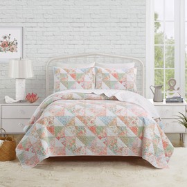 MODERN HEIRLOOM Coventry Vintage Patchwork Floral 2-Piece Quilt Set, Lightweight All Seasons Coverlet, 1 Quilt and 1 Pillow Sham (Twin Size, Blue/Coral/White)