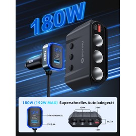 Zigarettenanzünder Verteiler 7 in 1, SONRU 180W Auto KFZ Ladegerät Adapter 12V/24V Stecker 3 Fach LED Voltmeter mit Separatem Schalter, Schnellladegerät 3 Steckdosen 4 USB Anschlüsse